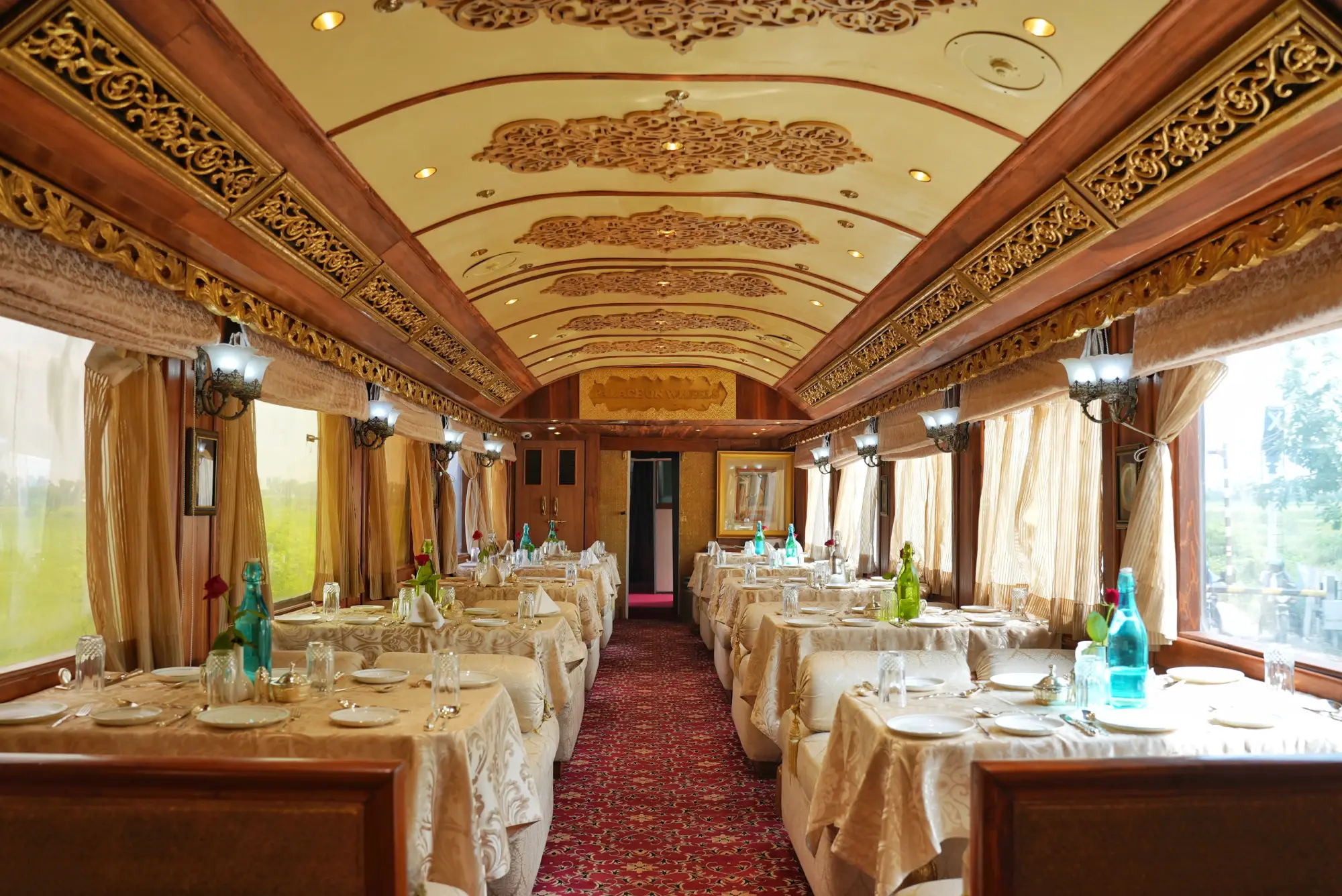 Fine dining restaurant interior aboard Palace on Wheels luxury train